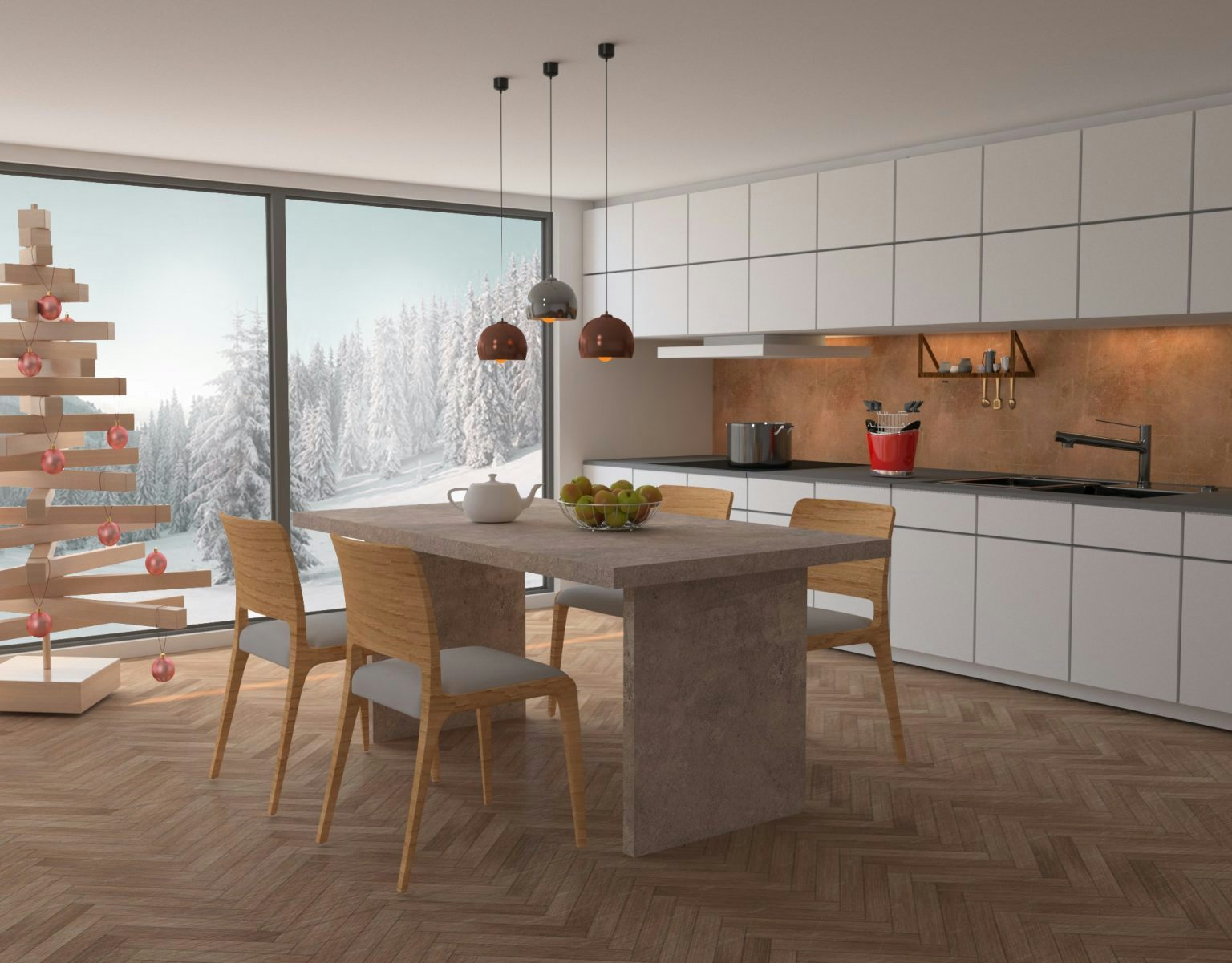 White kitchen elements and wooden dining table with chairs in the kitchen near the huge window looking at the mountain scenery