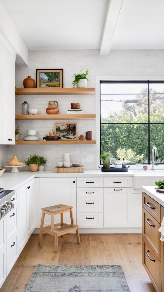 Farmhouse style white cabinets kitchen