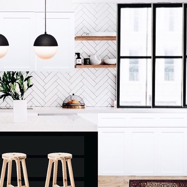 Black and white kitchen with bar stools