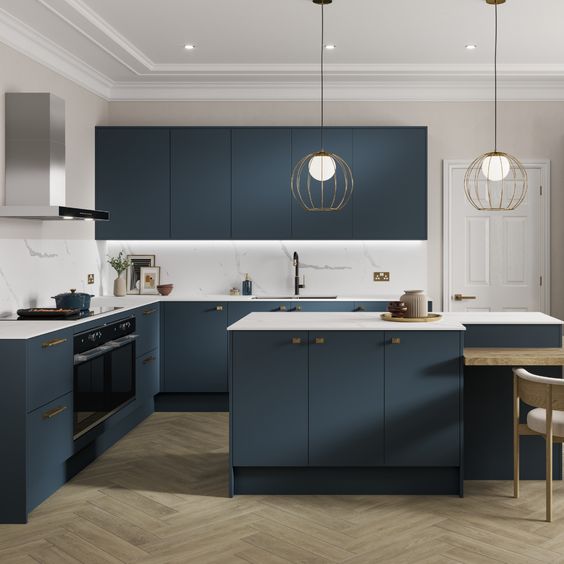 Blue kitchen cabinets with wooden floor