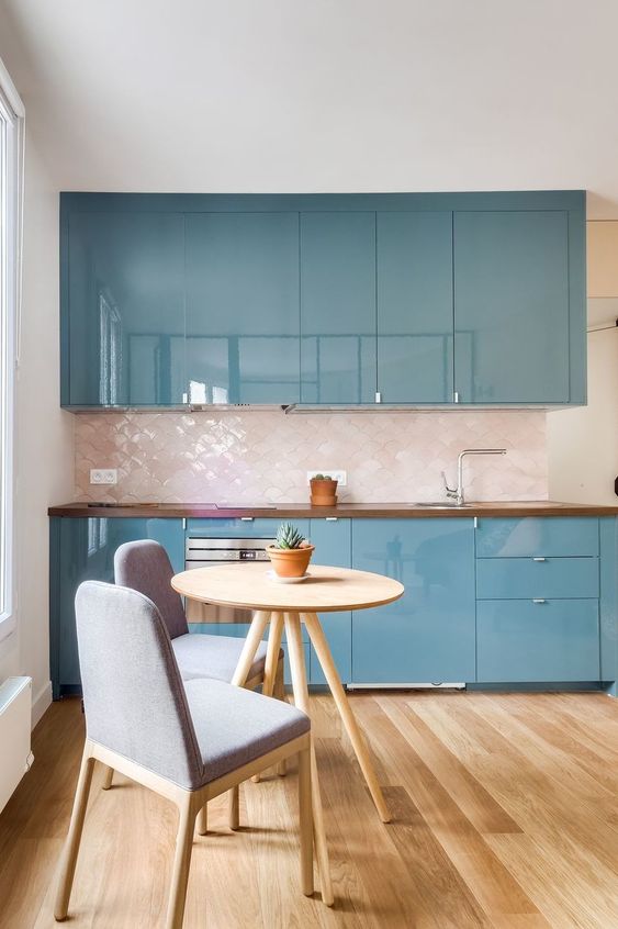 Blue kitchen upper cabinets