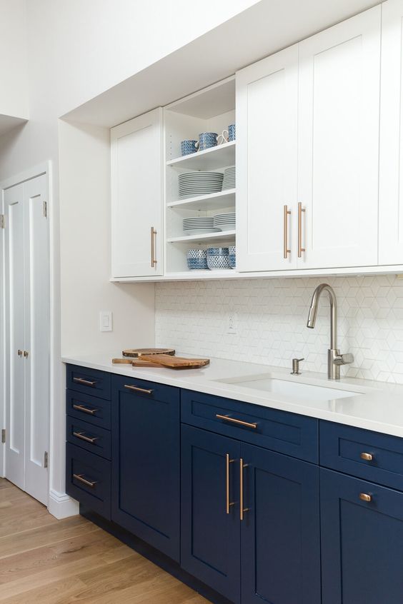 Two tone blue kitchen cabinets