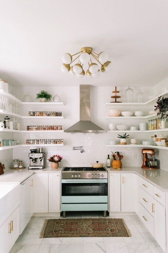 Small kitchen look bigger with open shelving
