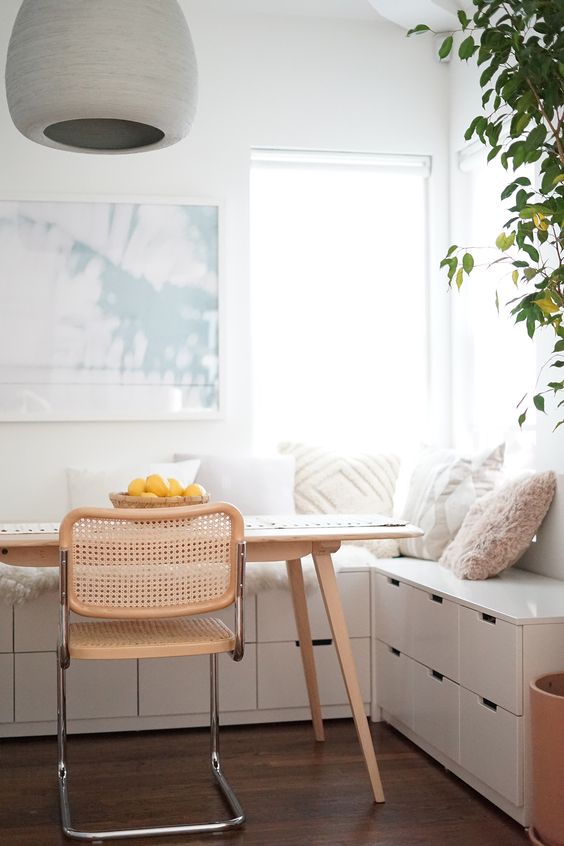 Breakfast nook idea using Ikea NORDLI chest of drawers as a bench