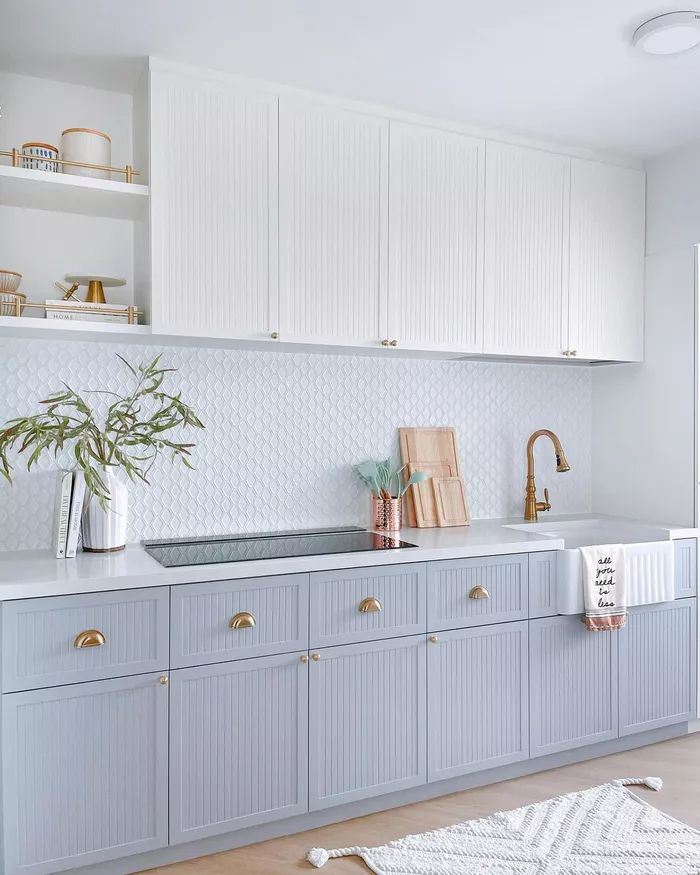 Kitchen with blue cabinets and open shelves