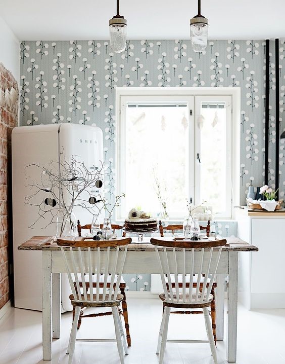 Green kitchen wallpaper on accent wall
