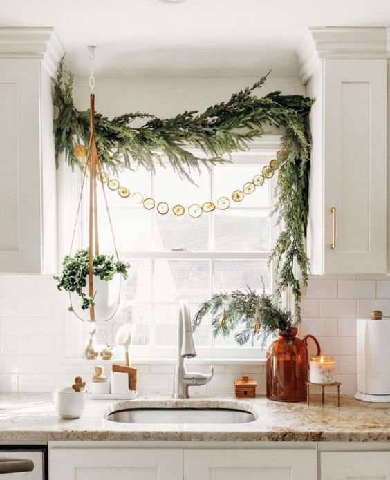 Christmas kitchen decor on white cabinet doors