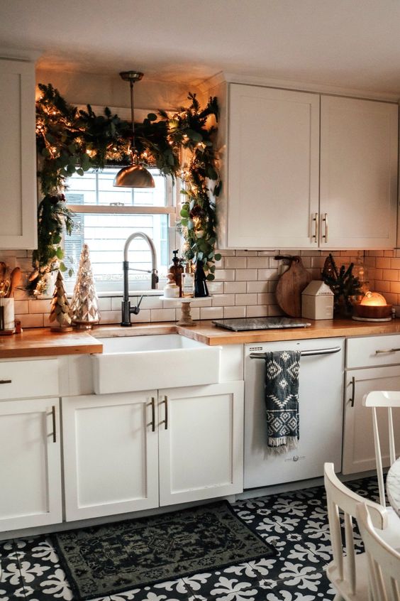 Christmas kitchen decor and white cabinet doors