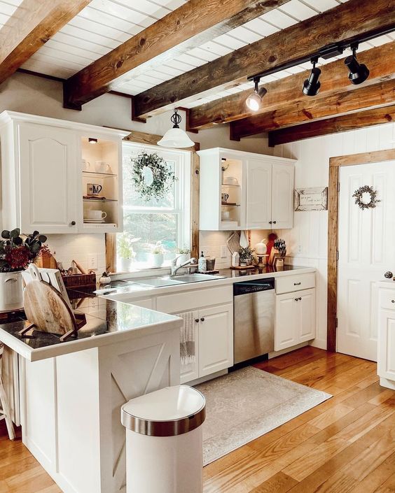 Kitchen with shiplap ceiling