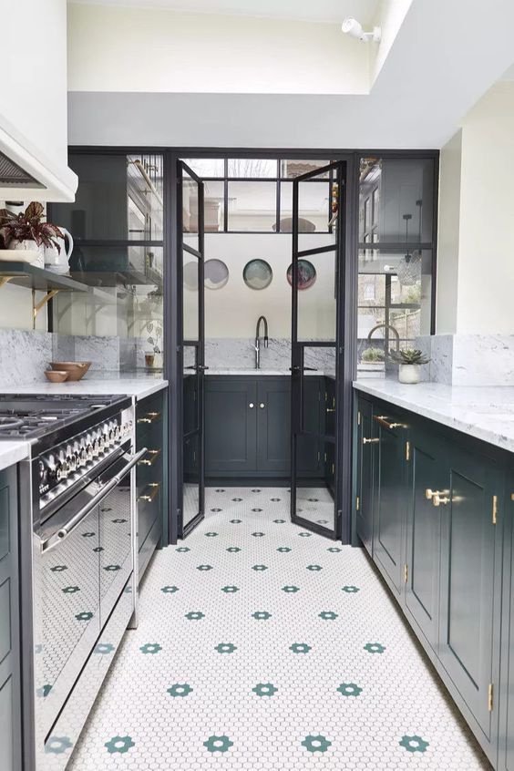 Penny tiles in tiny kitchen