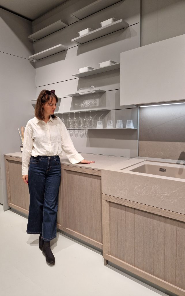 Kitchen with solid surface materials and open shelving