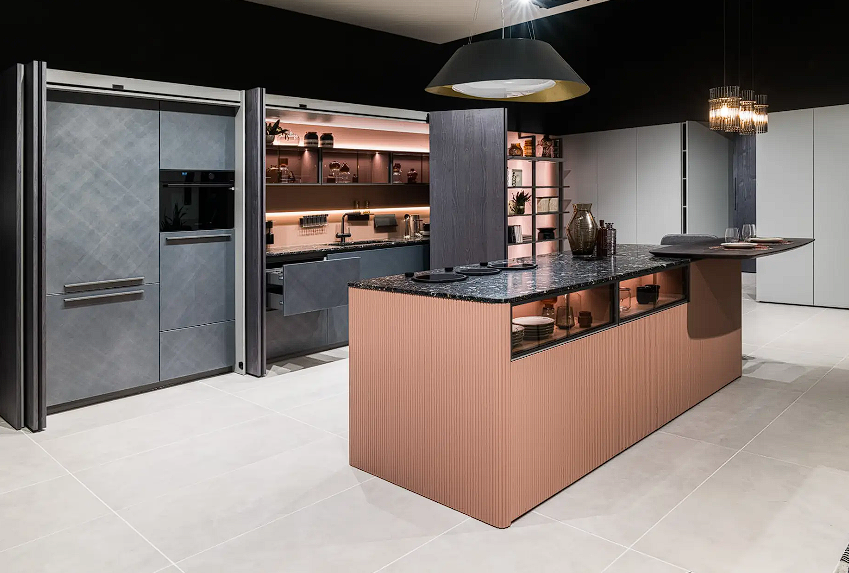 Pink and grey kitchen