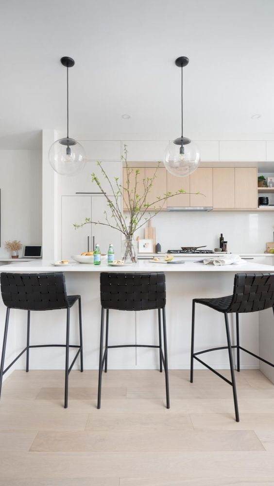 Bright small kitchen design with open shelving