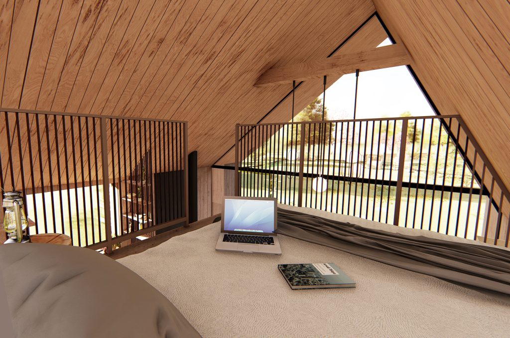 View from the bed on the second floor of the 3D model of wooden cabin house